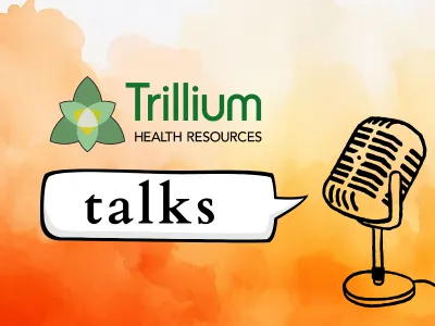 A orange backgroun with a microphone witht eh words Trillium Talks