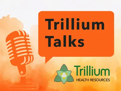 A microphone on a orange background with the message "Trillium Talks"