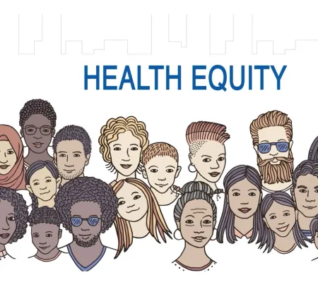 group of people different ethnicity with health equity sign