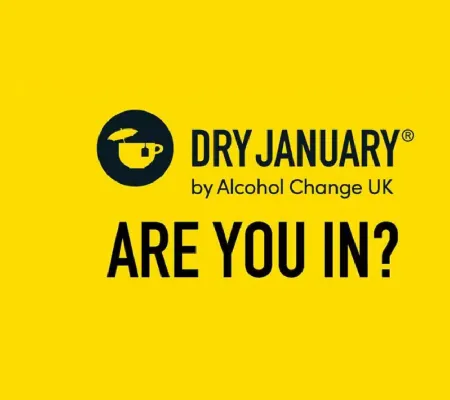 Yellow background with black letters message "Dry January"