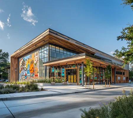 Pictures of a Building with a external wall painting with an Art