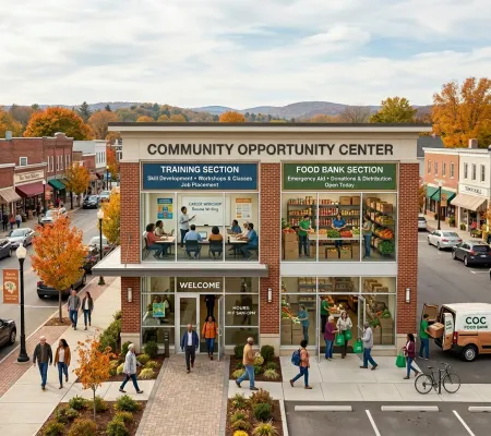 A community Opportunity Center building with people walking aroung