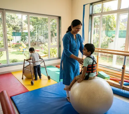 A caregiver helping a kid on a physical therapy room with balance