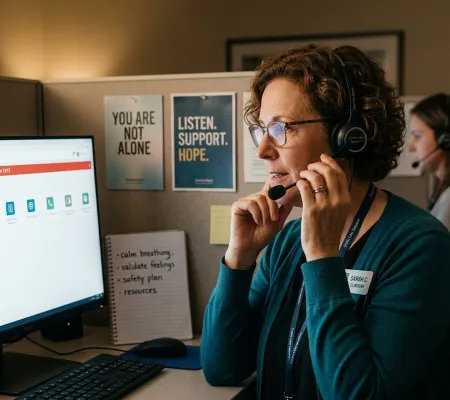 An operator of the crisis line talking by the phone