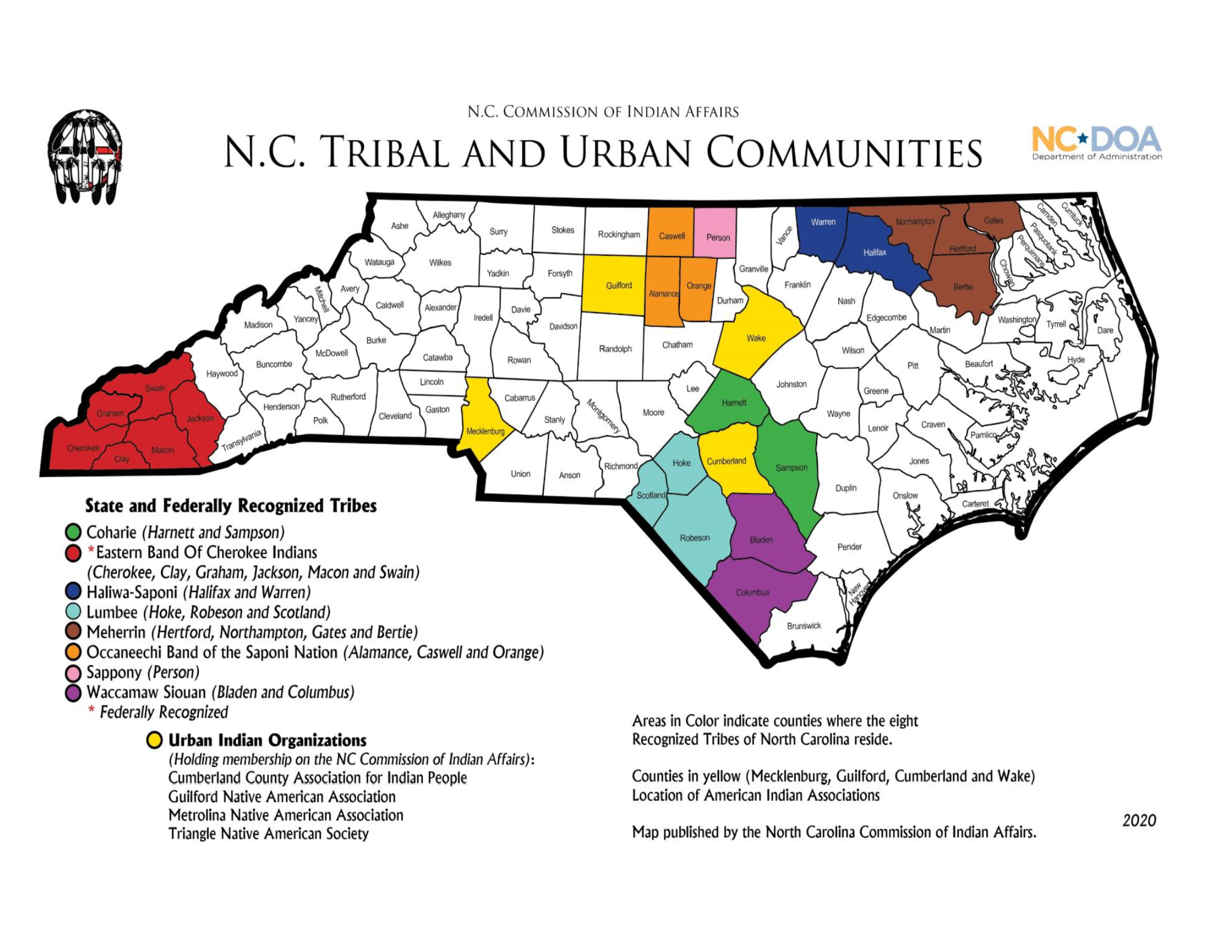 Map of NC tribes with Color Coding area