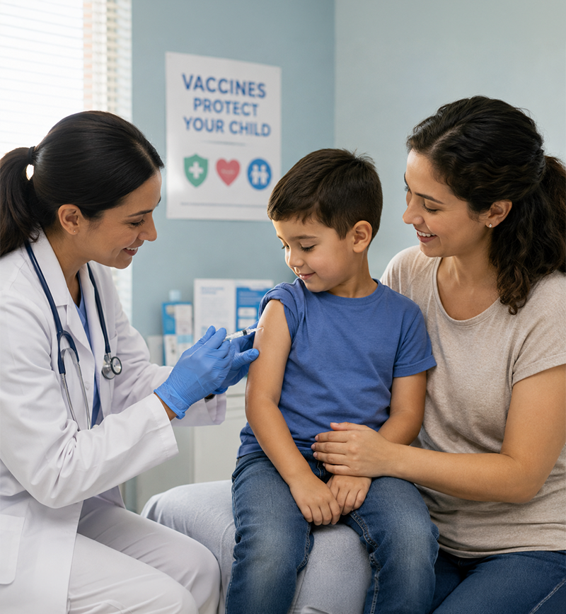 A child getting vaccinated with the child is the mother and the doctor