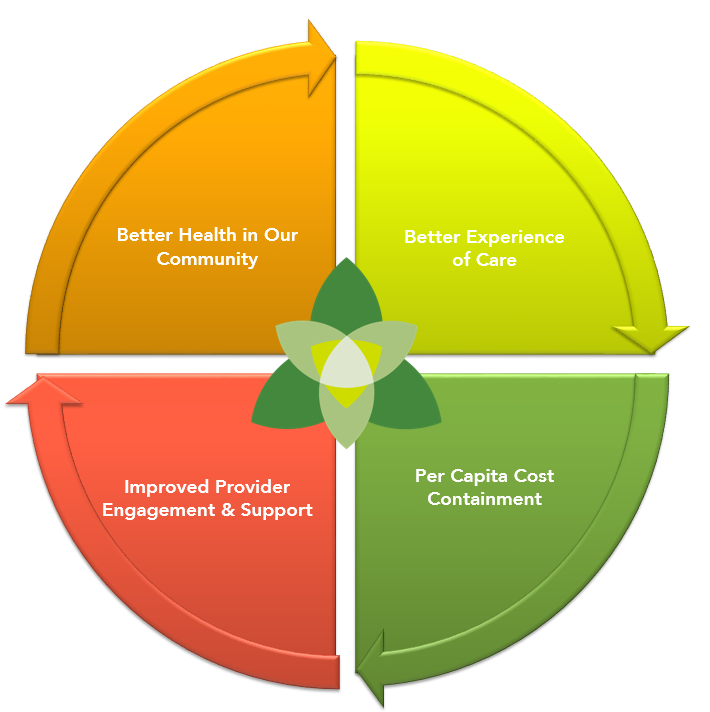 Quadruple Aim graphic in colors orange, yellow red and green