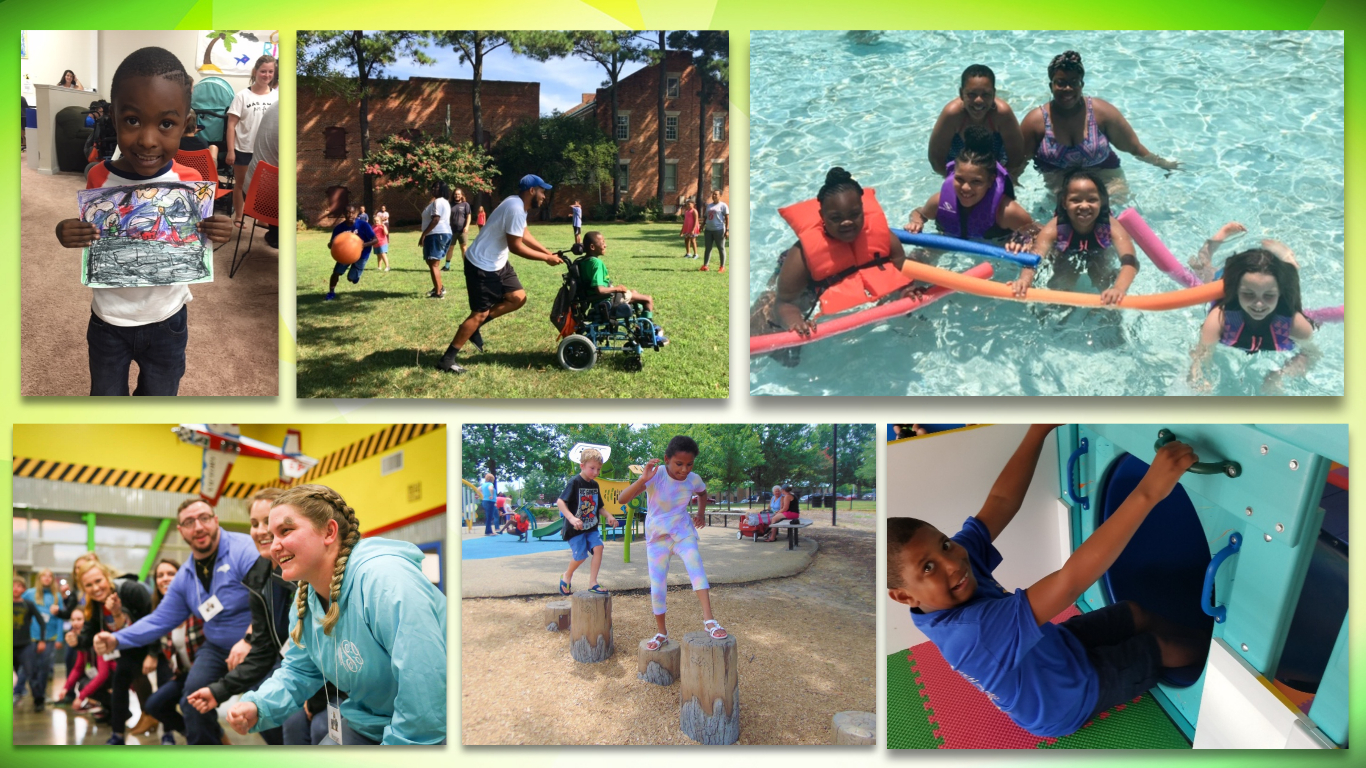 Photos of kids in summer activities, swimming, and playing outside and inside