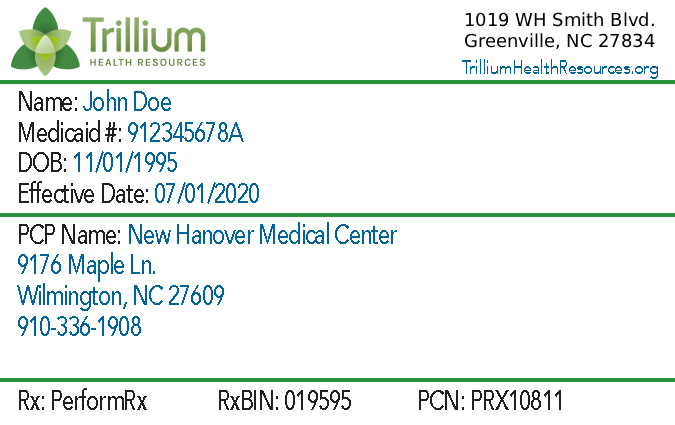 A health card displaying personal information, including name, Medicaid number, date of birth, effective date, and PCP details.