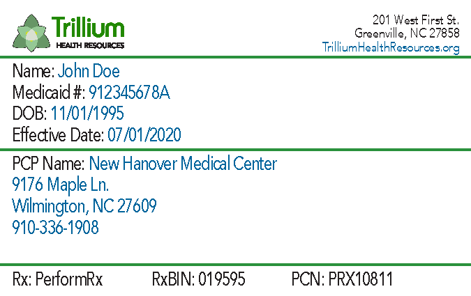 A health card displaying personal information, including name, Medicaid number, date of birth, effective date, and PCP details.