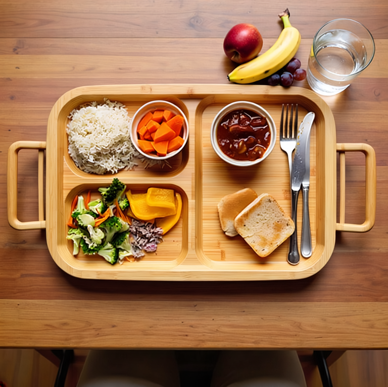 a tray of healthy food on a wood table