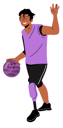 A cartoon of a young man with aProsthesisleg playing bowling
