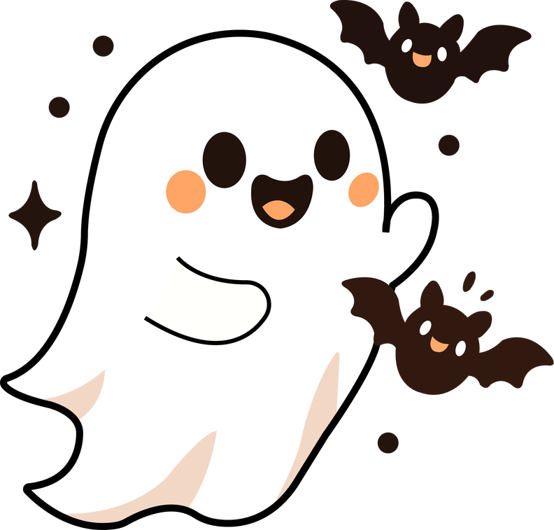 A carton ghost flying and smiling