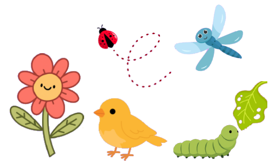 A clip art of a chick, a flower and a ladybut