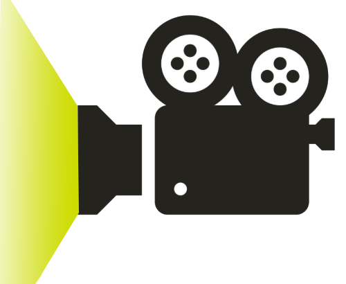 A cartoon with a black movie camera