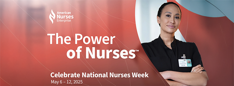 Gradient of red color background with a female nurse on the left side