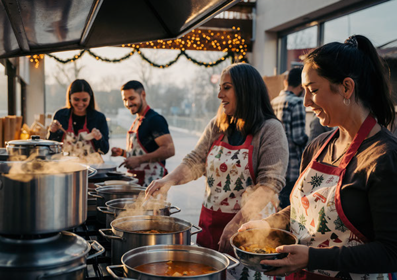 a group of people working as volunteers in their community soup kitchen
