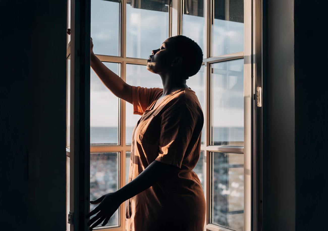 A woman enjoing the morning breeze at the window