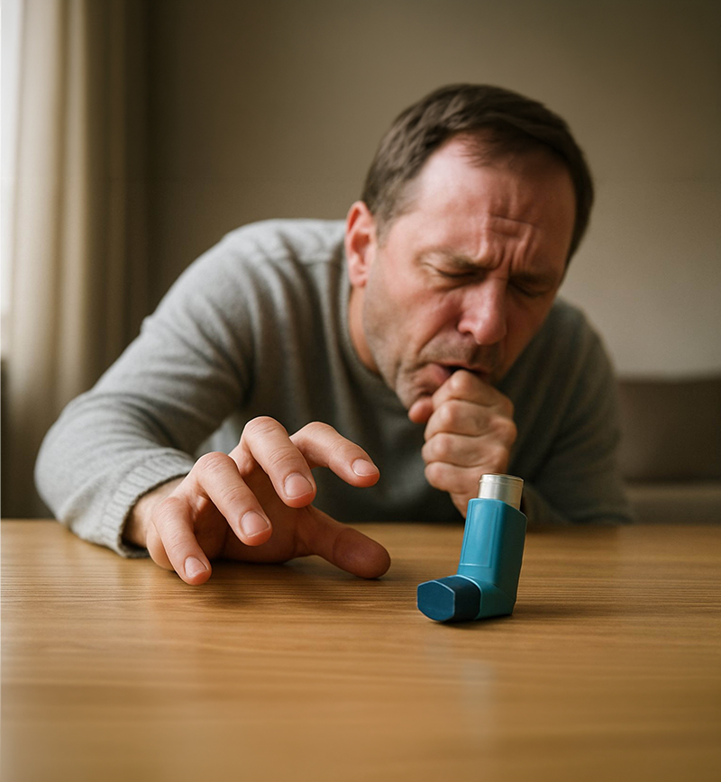 A man reaching for his inhaler coughing
